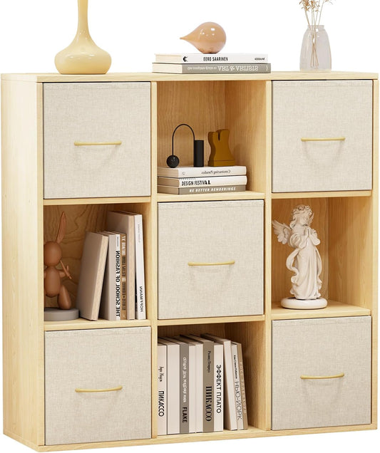 9 Cube Storage Organizer - Solid Wood Bookshelf with 5 Storage Bins, Cube Shelf with 3 Removable Back Panels, Vertical or Horizontal Bookcase, Open Book Shelf for Bedroom, Living Room, Office