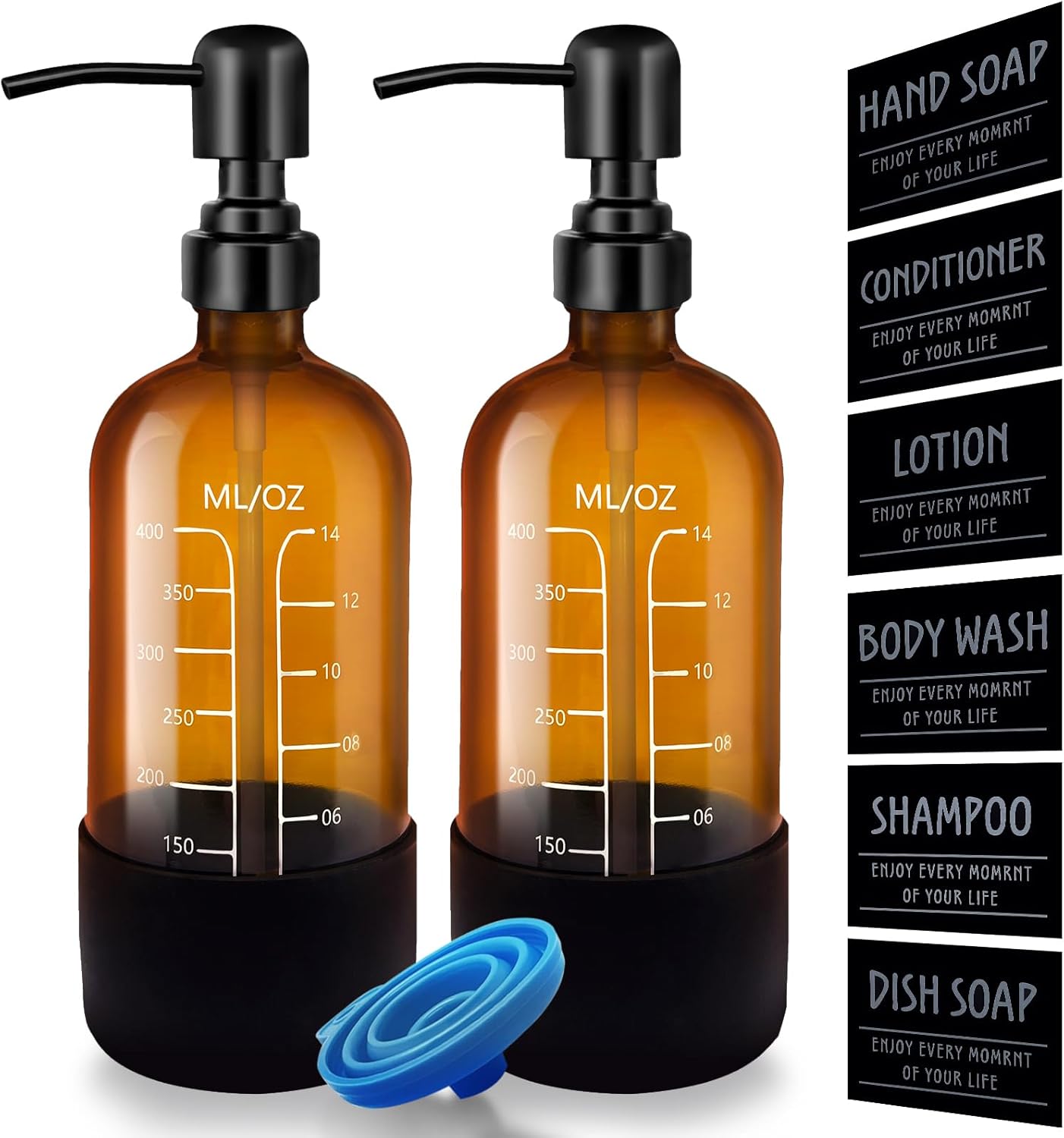 16oz Amber Glass Soap Dispenser with Stainless Steel Pump and Silicone Base for Kitchen and Bathroom, Set of 2