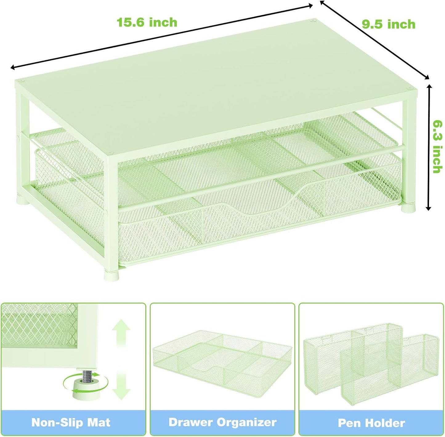Desk Organizers and Accessories, 2-Tier Computer Monitor Stand Riser with Drawer and 2 Pen Holders, Laptop Stand, Office Desk Accessories for Office Supplies, Green