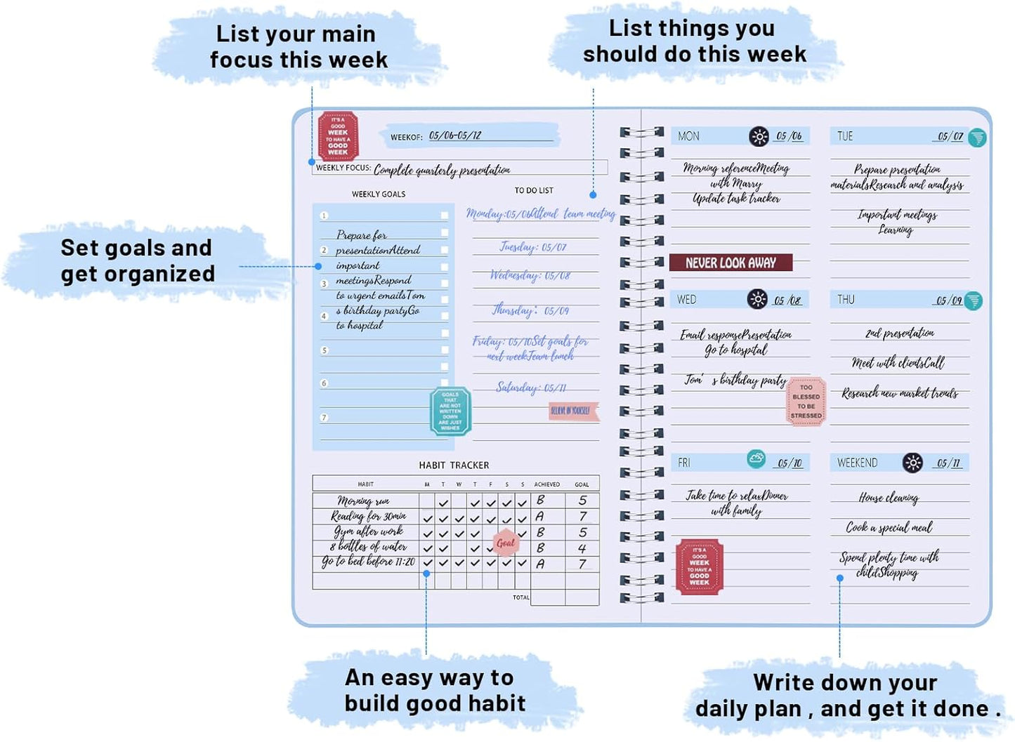Undated Weekly Planner with Habit Tracker, 52 Weeks To Do List Notebook A5 Weekly Goal Planner with Spiral Binding & Stickers Home Work School Supplies for Women Girls 8.2" x 5.7" - Simple Style