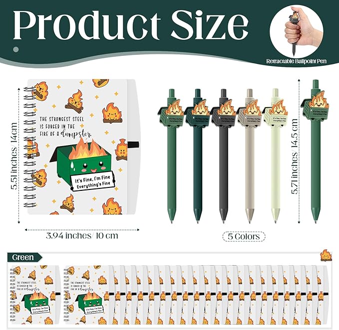40 Pcs Dumpster Fire A6 Notebooks Pens Bulk Boss Day Inspirational Funny Gift Set with Saying Dumpster Fire Notepad Ballpoint Pen Dispatcher Employee Appreciation Gift (Green)