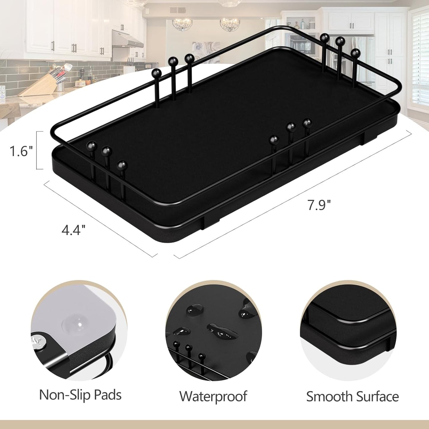 Bathroom Vanity Tray for Toiletries Makeup Perfume Candle Toilet Tank, Kitchen Tray for Soap Dispenser Spice Salt, Small Black Tray for Countertop Decor Coffee Nightstand 7.9”x4.4”