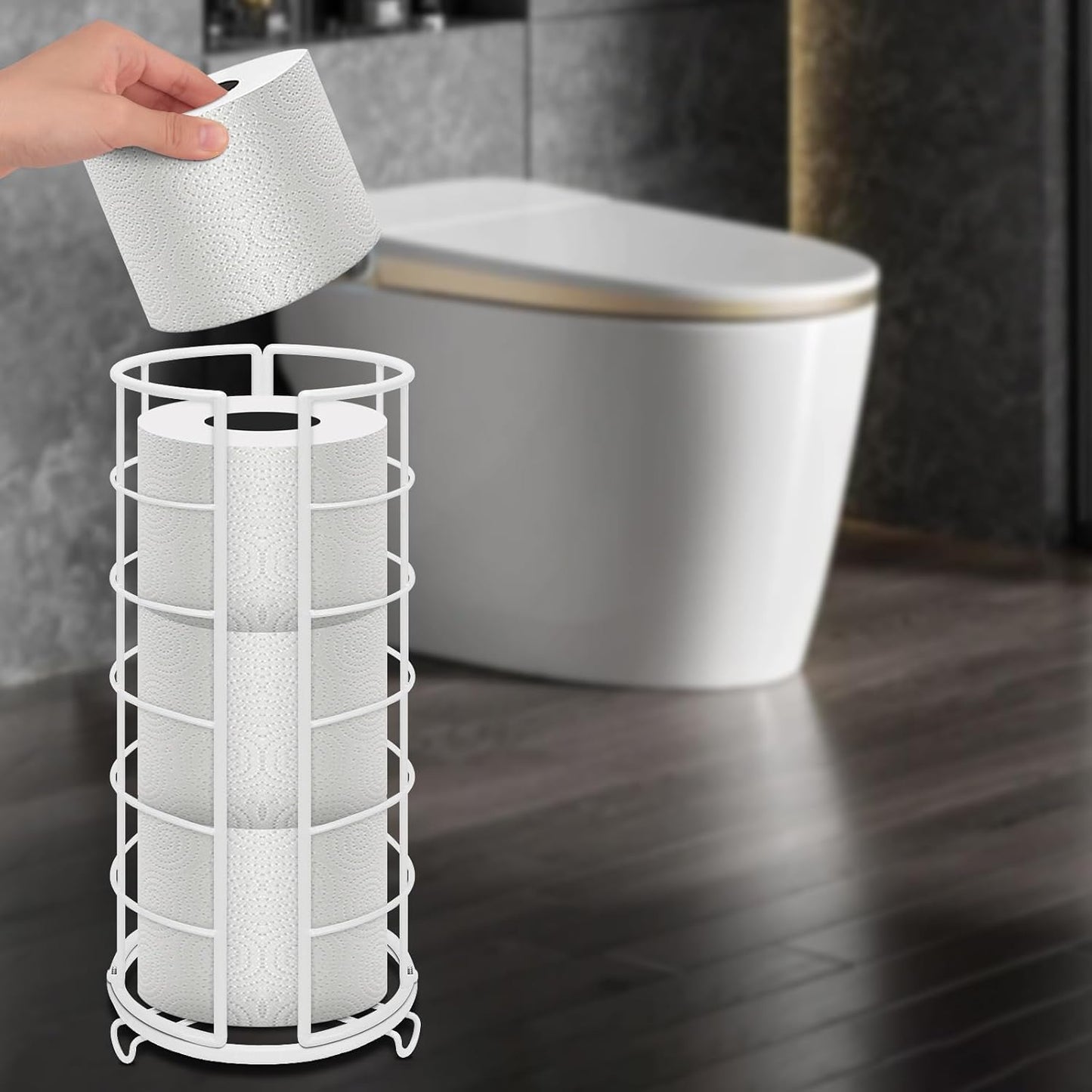 NearMoon Toilet Paper Organizer Stand, Free Standing 3 Rolls Tissue Storage, Metal Bathroom Accessory, Rustproof Toilet Roll Holder for Kitchen Countertop Inside Cabinet Shelf(Metal Base, White)