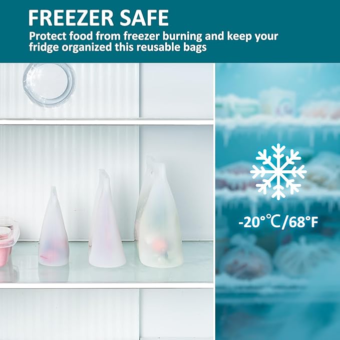 8-Pack Reusable Silicone Food Storage Bags, 100% Silicone Stand-Up Wide-Open Zip-Lock Reusable Storage Bags for Food, Freezer Microwave Oven Dishwasher Safe, Translucent, 4L 2M 2S