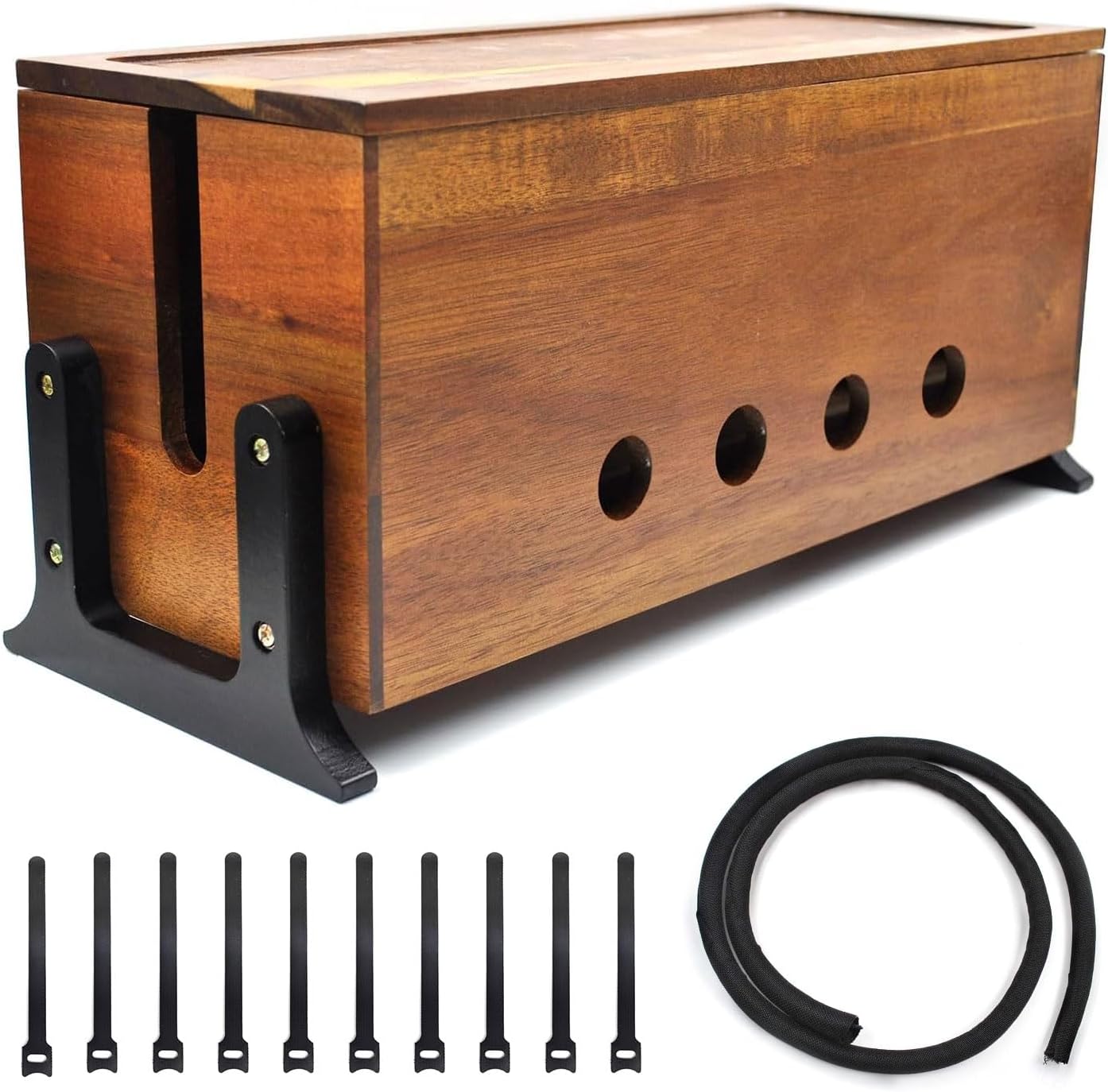 Large Cable Management Box, Wood Cord Hider Box & Organizer for Power Strip Hider Cable Storage for Office, TV Wires, Desk Cord Organizer, 14.1" x 6" x 6.3", Vintage Walnut