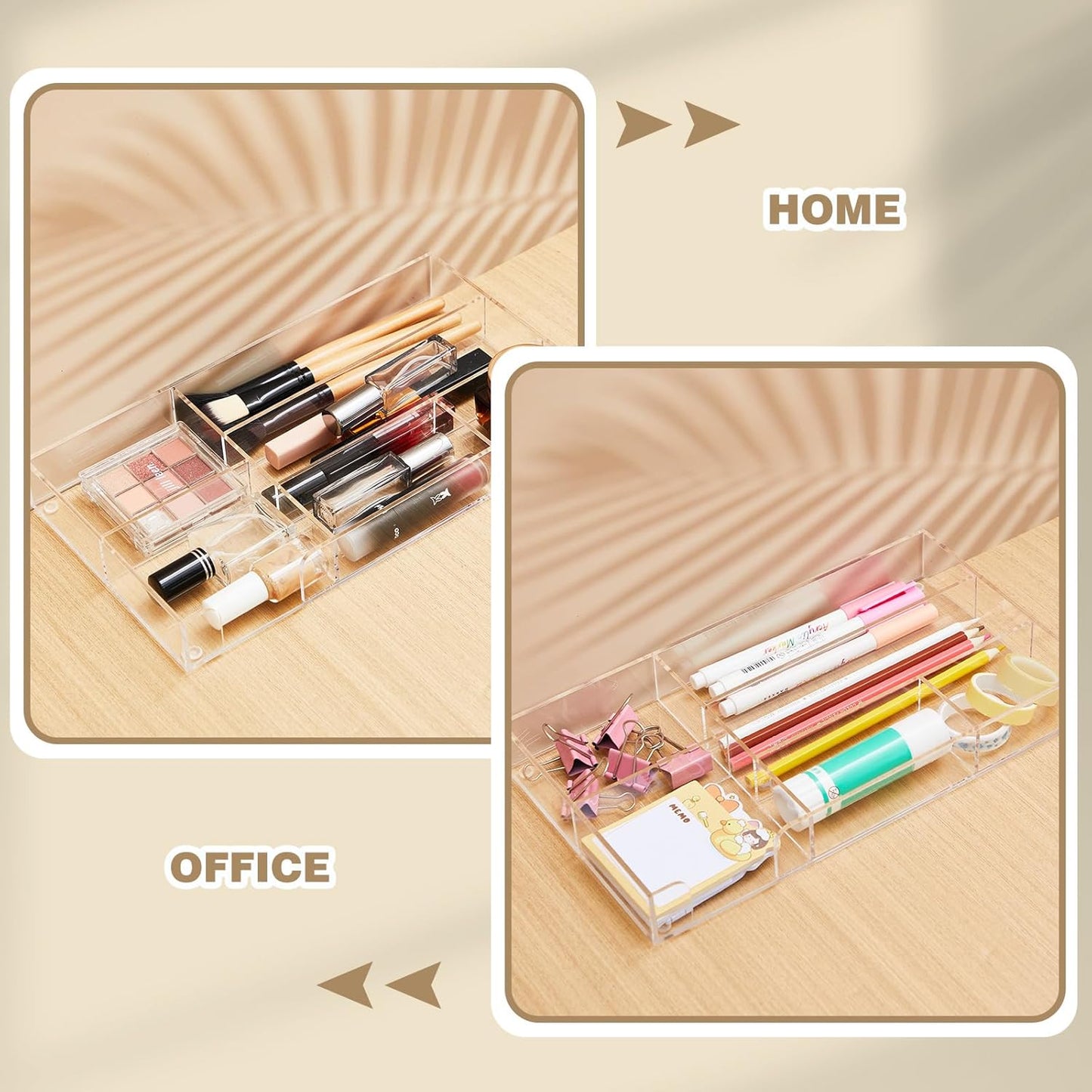 Acrylic Clear Desk Drawer Organizer 6 Section 11 x 6.1 x 1.38 Inch Storage Tray Organizer for Pens, Stationery, Desktop, Office, Bathroom, Kitchen, Makeup Supplies