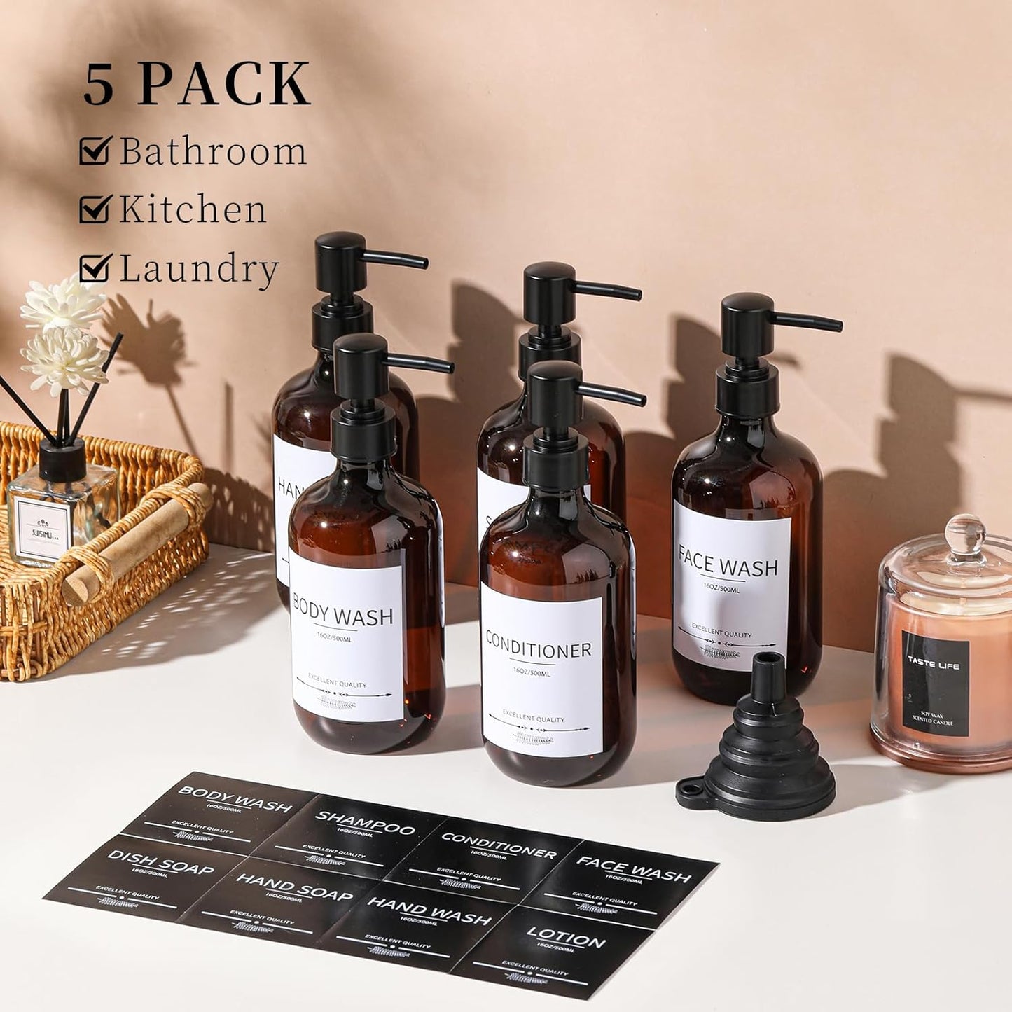 Shampoo and Conditioner Bottles(5Pack),Shampoo Dispenser for Shower,Bottles Refillable with Pump,Bathroom Dispenser Sets(Amber)