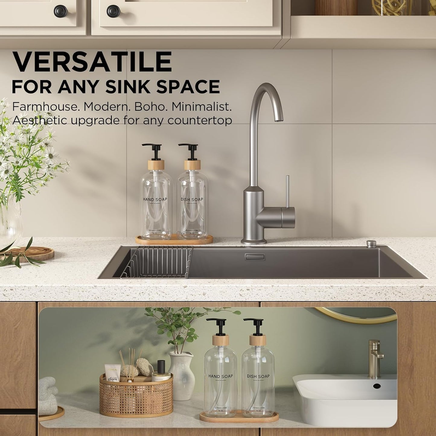 Hand and Dish Soap Dispenser Set,16oz Glass Bottles with Printed Labels, Bamboo Tray & Pump,Countertop Soap Dispensers for Kitchen,Luxury, Minimalist & Farmhouse Decor (Hand Dish (Transparent))