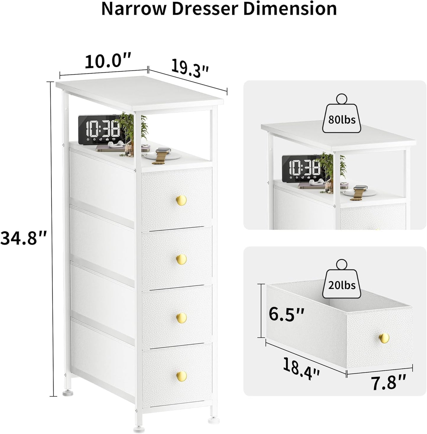 Narrow Dresser for Bedroom, Vertical Chest of Drawers with Shelf & 4 Drawers, Slim Dresser Storage Tower with Wood Top, Sturdy Frame, Leather Faux for Narrow Space, Bathroom&Laundry(White)