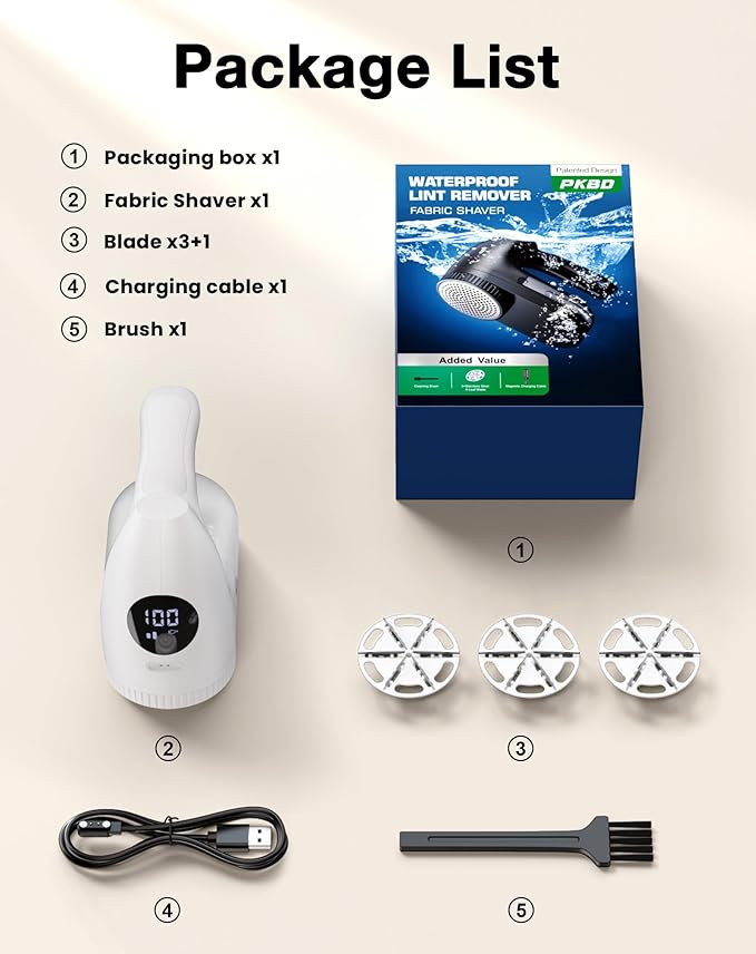 IPX6 Waterproof Washable Electric Fabric Shaver and Lint Remover, Rechargeable Sweater Defuzzer with 3 Free Extra Blades, Quickly and Effectively Remove Fluff, Fuzz, Bobbles for Clothes, White
