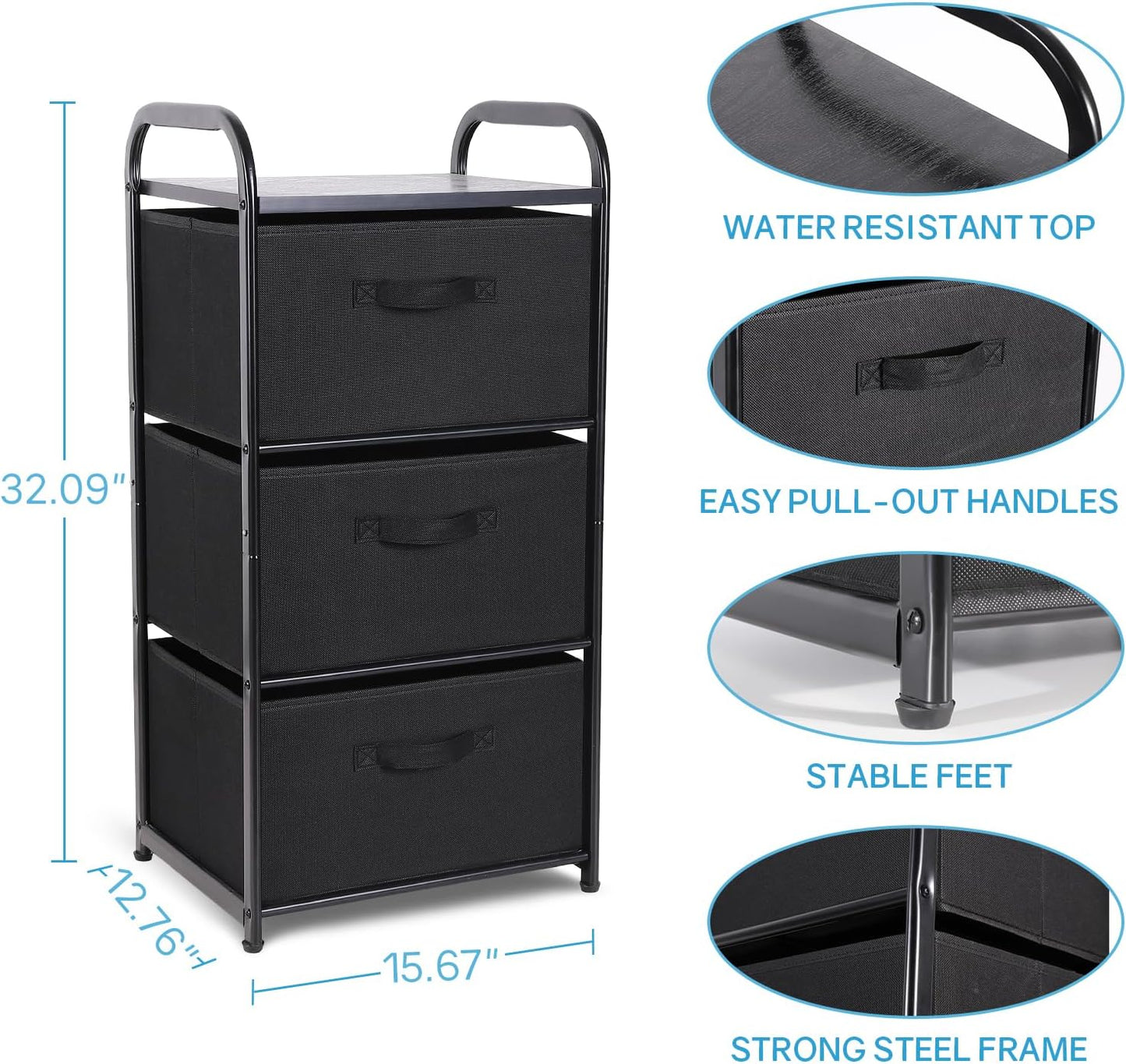 MAX Houser Dresser Storage with 3 Easy Pull Fabric Drawers, Fabric Dresser Tower,Vertical Storage Unit for Bedroom,Chest of Drawers with Metal Frame, Wooden Tabletop, for Living Room, Closet (Black)