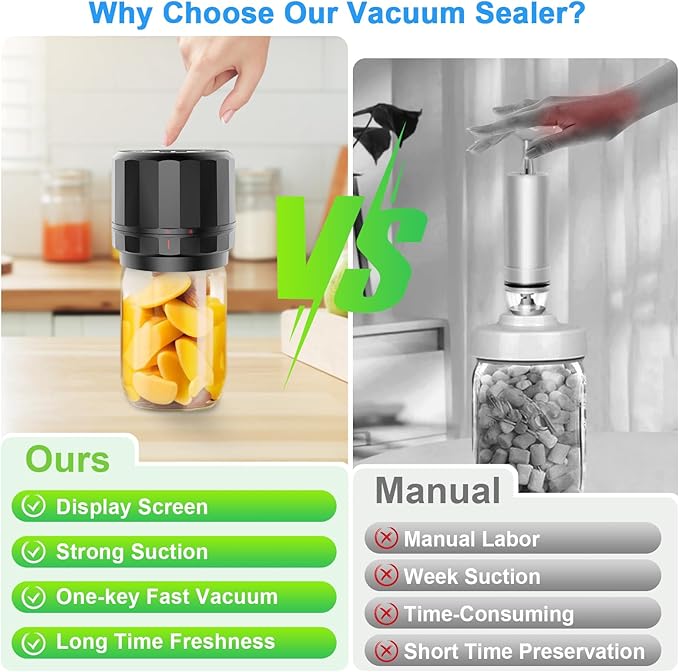 Electric Mason Jar Vacuum Sealer Kit - 2000mAh Battery, Enhanced Motor, Wide & Regular Mouth Lids Compatible, Black - Ideal for Canning