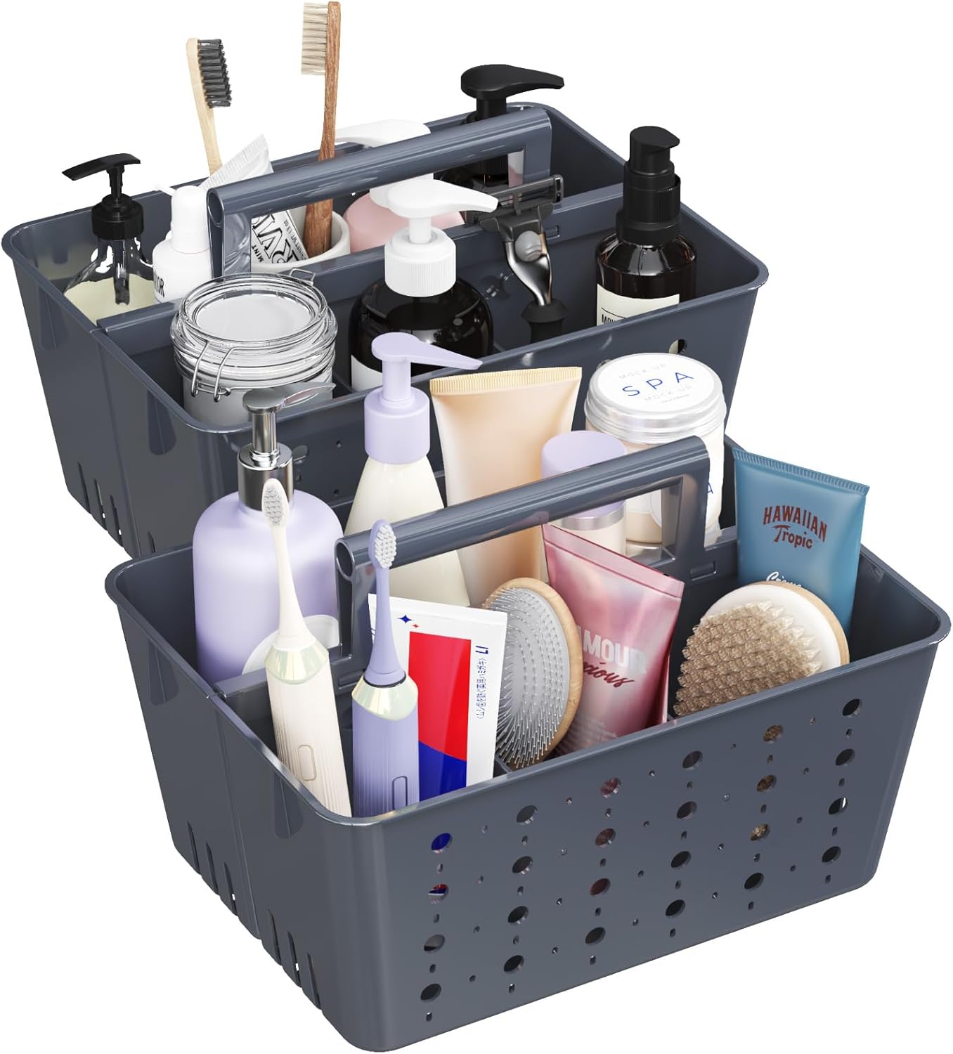 Lifewit Portable Shower Caddy with Handle, 2 Pcs Plastic Shower Caddy Dorm with Holes, Clean Organizer Basket for Bathroom, College, Dorm Room Essentials, Slate Blue