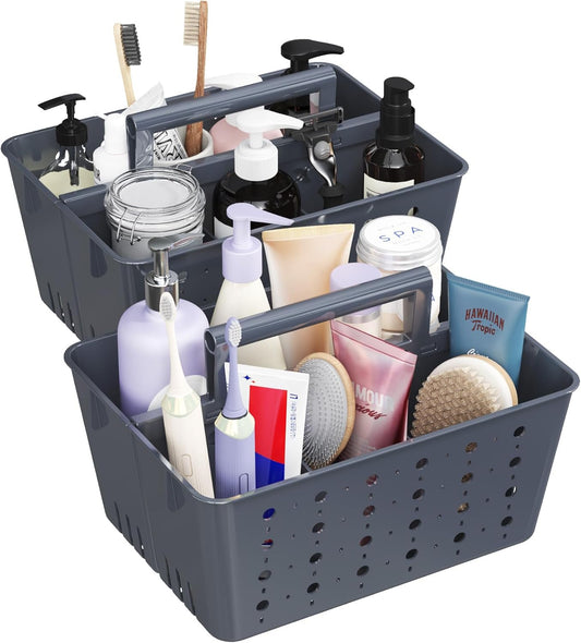 Lifewit Portable Shower Caddy with Handle, 2 Pcs Plastic Shower Caddy Dorm with Holes, Clean Organizer Basket for Bathroom, College, Dorm Room Essentials, Slate Blue