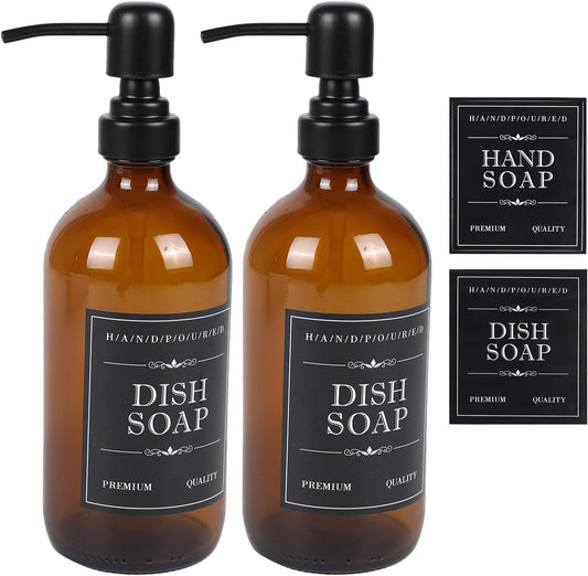 2 Pack Brown Glass Bottle, Soap Dispenser with Stainless Steel Pump,17 oz Hand and Amber Dish Soap Dispensers Set Kitchen,Hand Soap Dispenser Bathroom, Modern Brown Soap Lotion Bottle
