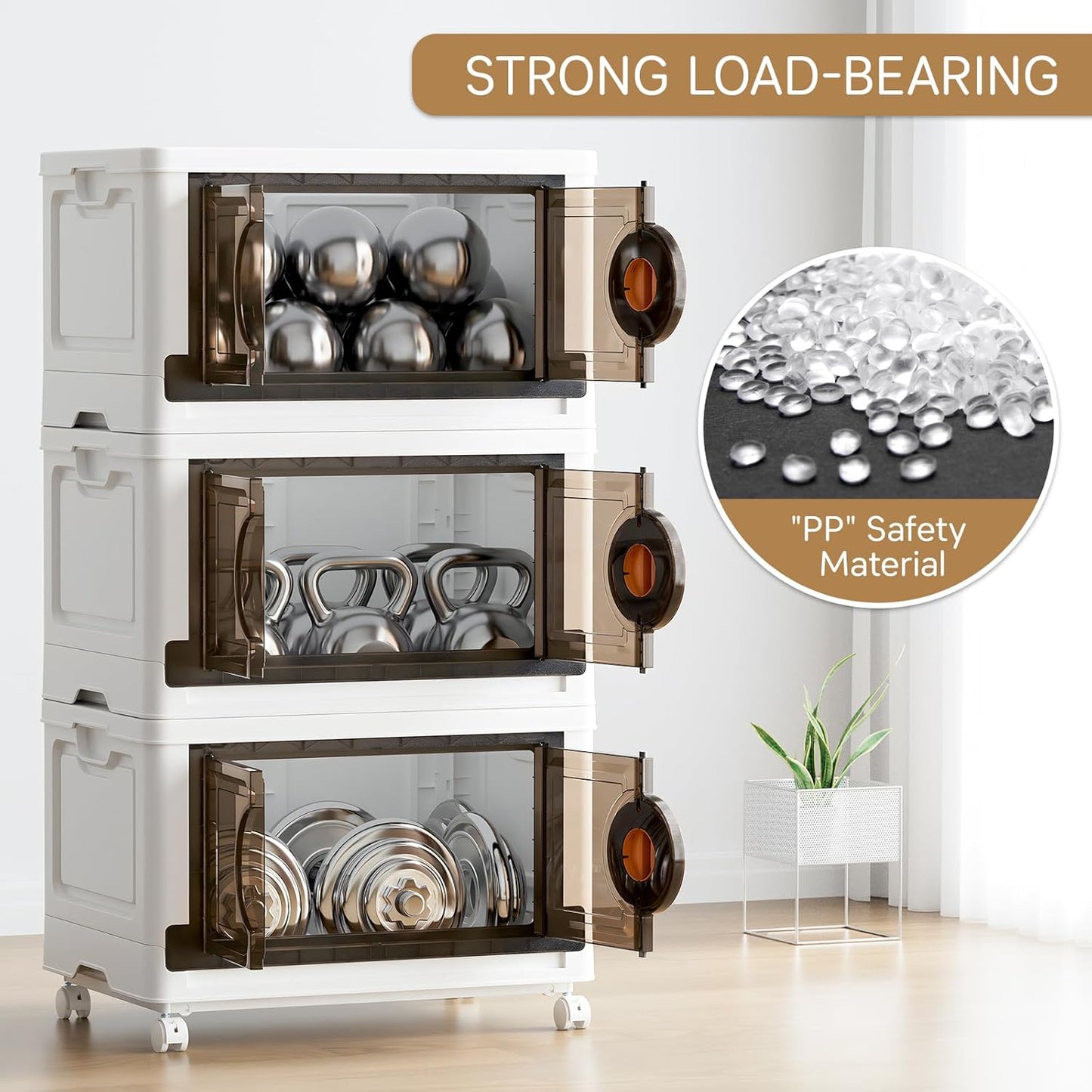 JEKO&JEKO 249Qt Lockable Stackable Storage Bins with Lids, Collapsible Closet Organizer with Wheels, Plastic Cabinet Drawer for Clothes 3 Pack (White)