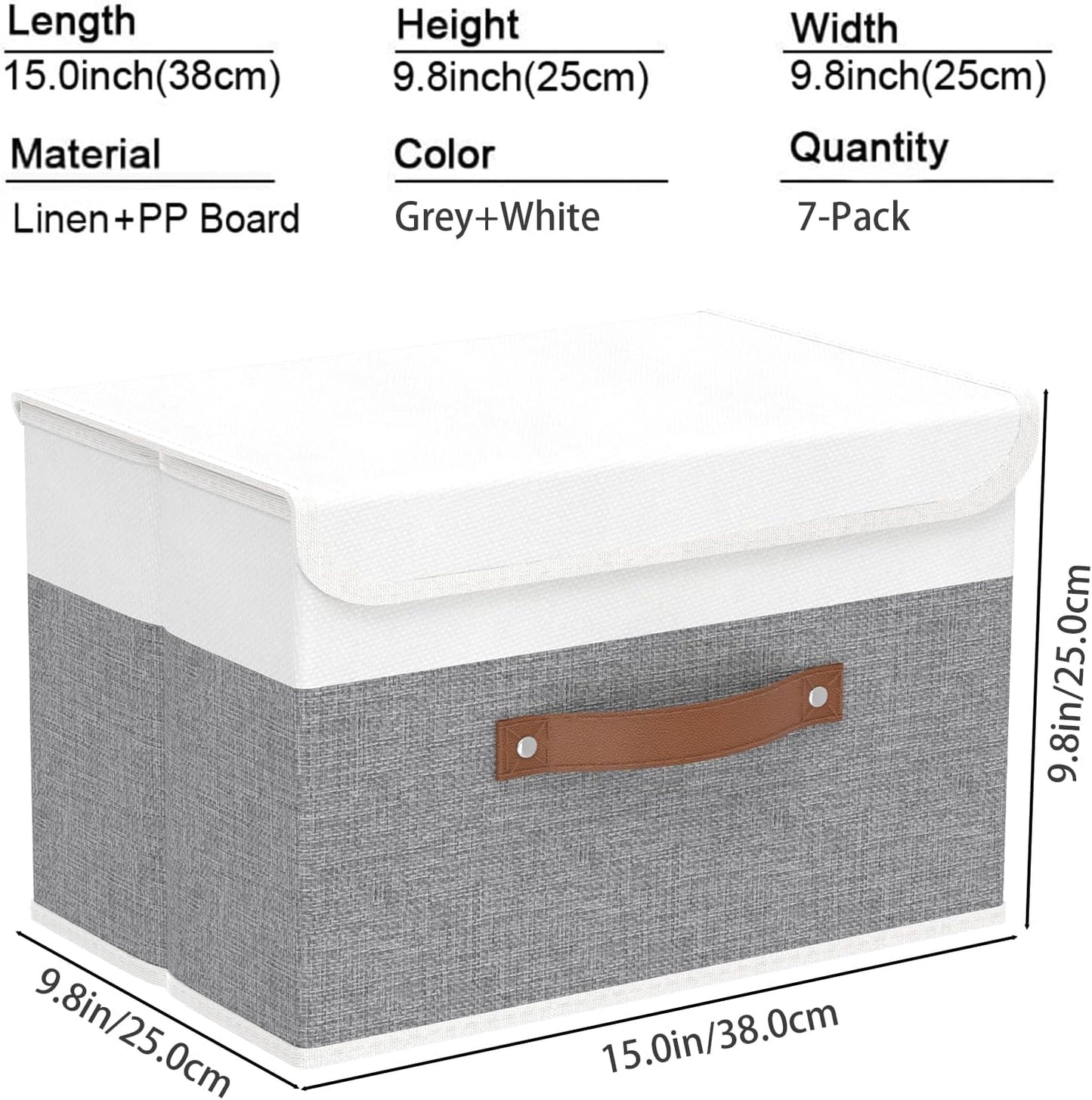 Yawinhe Storage Boxes with Lids, Linen Fabric Bin, Cube Organizer Basket, Washable and Leather Handle, for Home, Closet, White/Grey, 15.0''Lx9.8''Wx9.8''H, 7-Pack, USNK024WGL-7