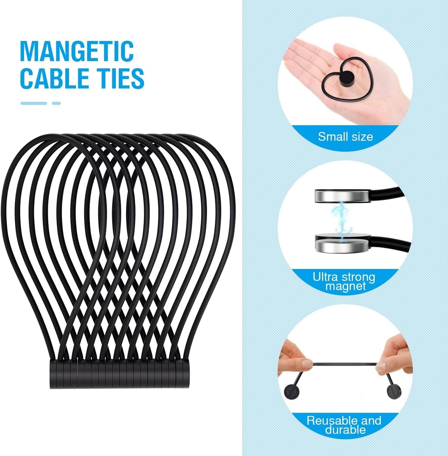 Magnetic Twist Ties, Reusable Silicone Cable Ties with Strong Magnet for Bundling and Organizing,Cord Wrap Clip Straps for Home or Office (Black-8 Packs)