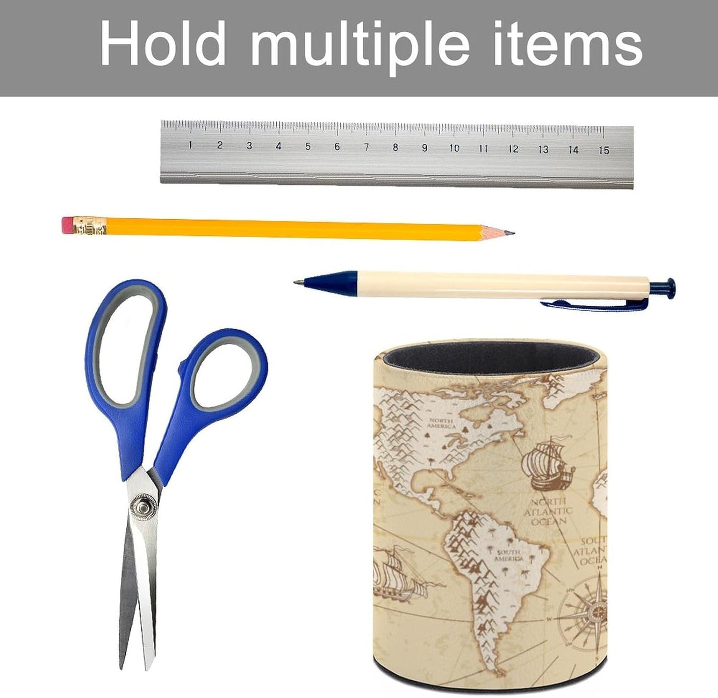 Vintage World Map Pen Holder Pencil Organizer Cute Pencil Cup Desk Decor Makeup Brush Holder PU Multifunctional Office Suppliesfor Home Classroom School