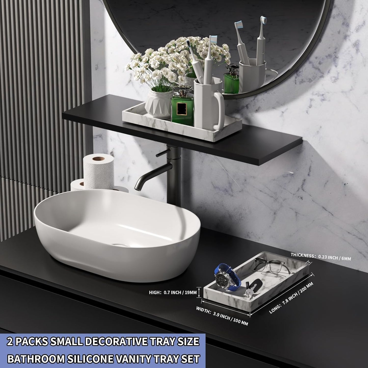 BBK Bathroom Vanity Tray 7.8 in - 2 Pack(Small) Silicone Bathroom Tray for Counter, Perfume Key Trinket Ring Tray, Decor Soap Dispenser Countertop Tray for Kitchen Sink Organization (Faux Marble Look)