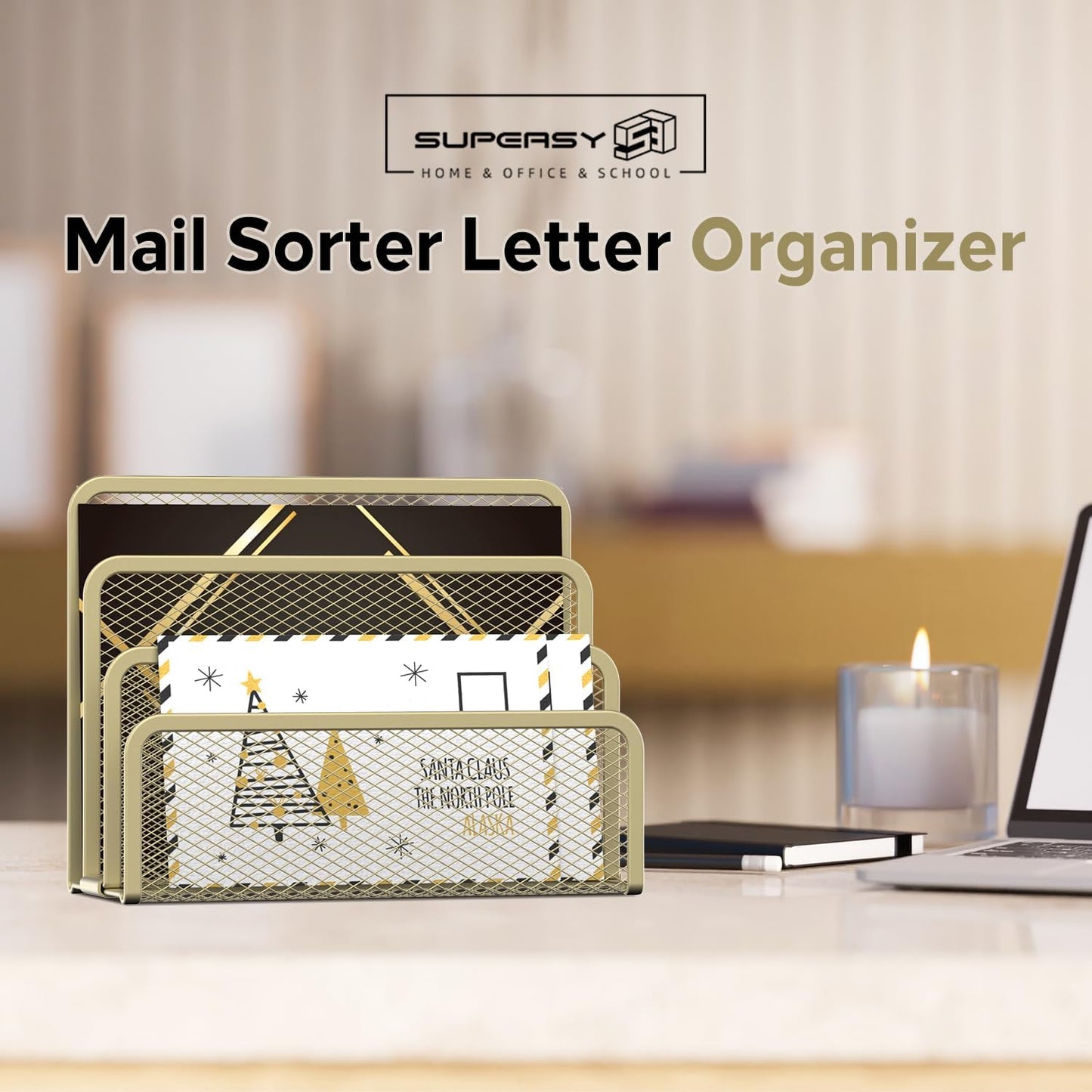 SUPEASY Mail Organizer for Desk, Mesh Metal Mail Holder Countertop with 3-Slot, Letter Sorter File Holder, Office Envelope Organizer for Mails (Yellow)