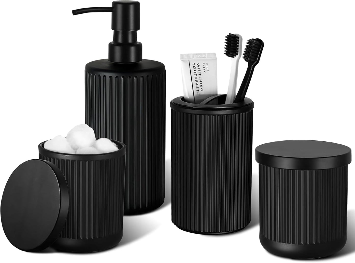 Matte Black Bathroom Accessories Set, 4 Pcs Glass Bathroom Accessory Set, Soap Dispenser, Toothbrush Holder, Qtip Holder Set, Bathroom Sets Complete, Bathroom Sink Set for Modern Home Decor