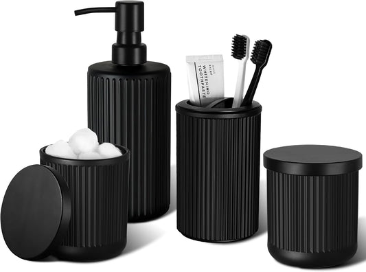 Matte Black Bathroom Accessories Set, 4 Pcs Glass Bathroom Accessory Set, Soap Dispenser, Toothbrush Holder, Qtip Holder Set, Bathroom Sets Complete, Bathroom Sink Set for Modern Home Decor