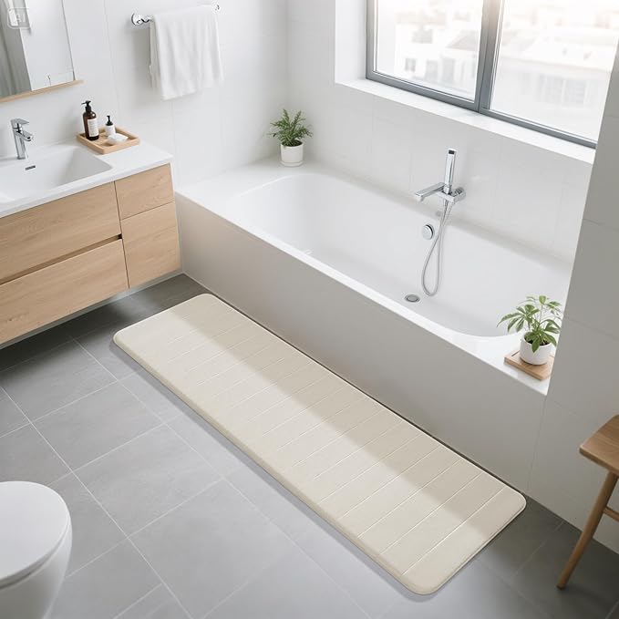 Yimobra Bathroom Runner Rugs 72"x24" Non Slip Washable Memory Foam Bath Mat, Super Soft Water Absorbent Hallway Carpet for Vanity Tub Shower, Cream