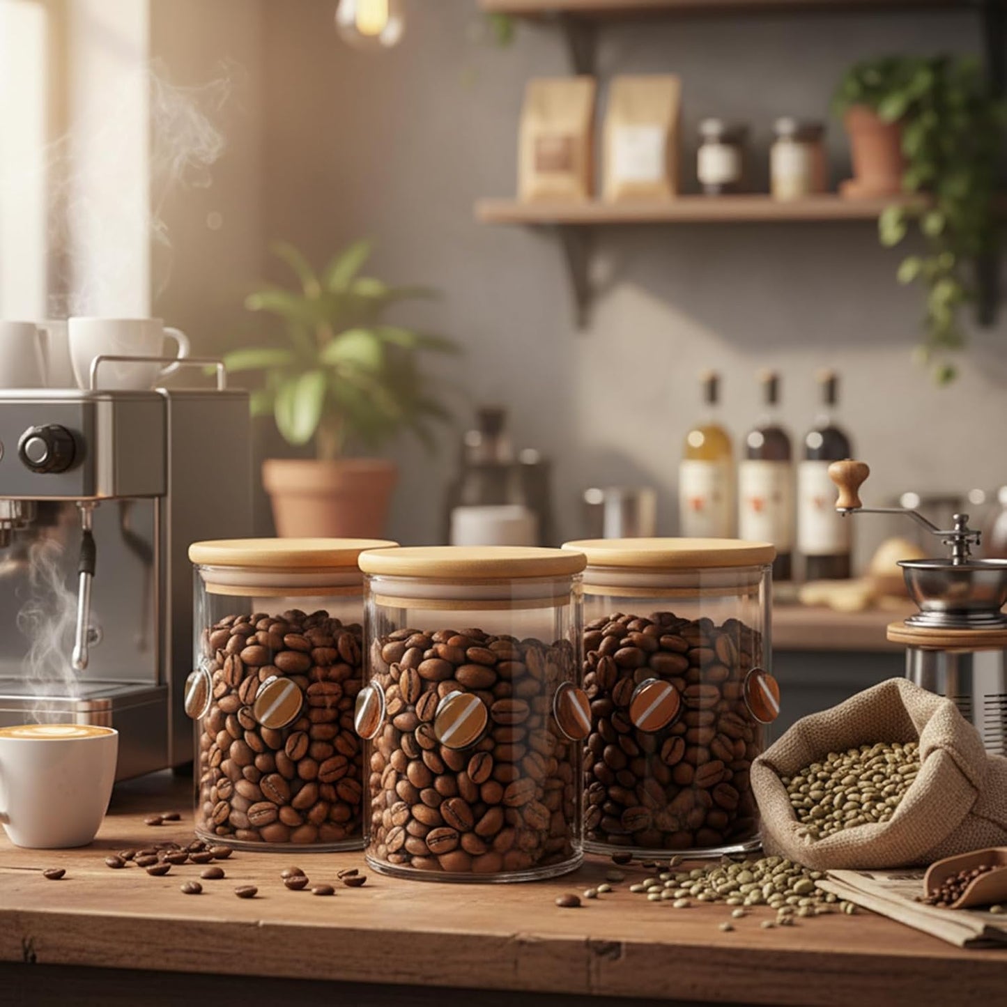 3 Pcs Coffee Glass Storage Jars with Airtight Bamboo Lid Coffee Bean Class Containers Storage Canisters for Serving Bath Salt, Sugar, Spice, Tea, Cereals, Condiment