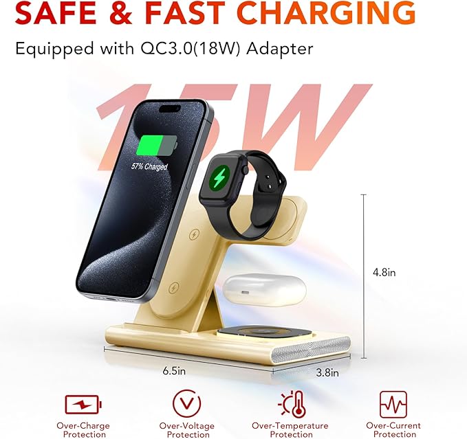 3 in 1 Charging Station for iPhone 17 - Wireless Charger for Apple Products for iPhone 17 16 15 14 13 12 11 Pro Max - Foldable Wireless Charging Station Dock Stand for iWatch Series & AirPods(Beige)