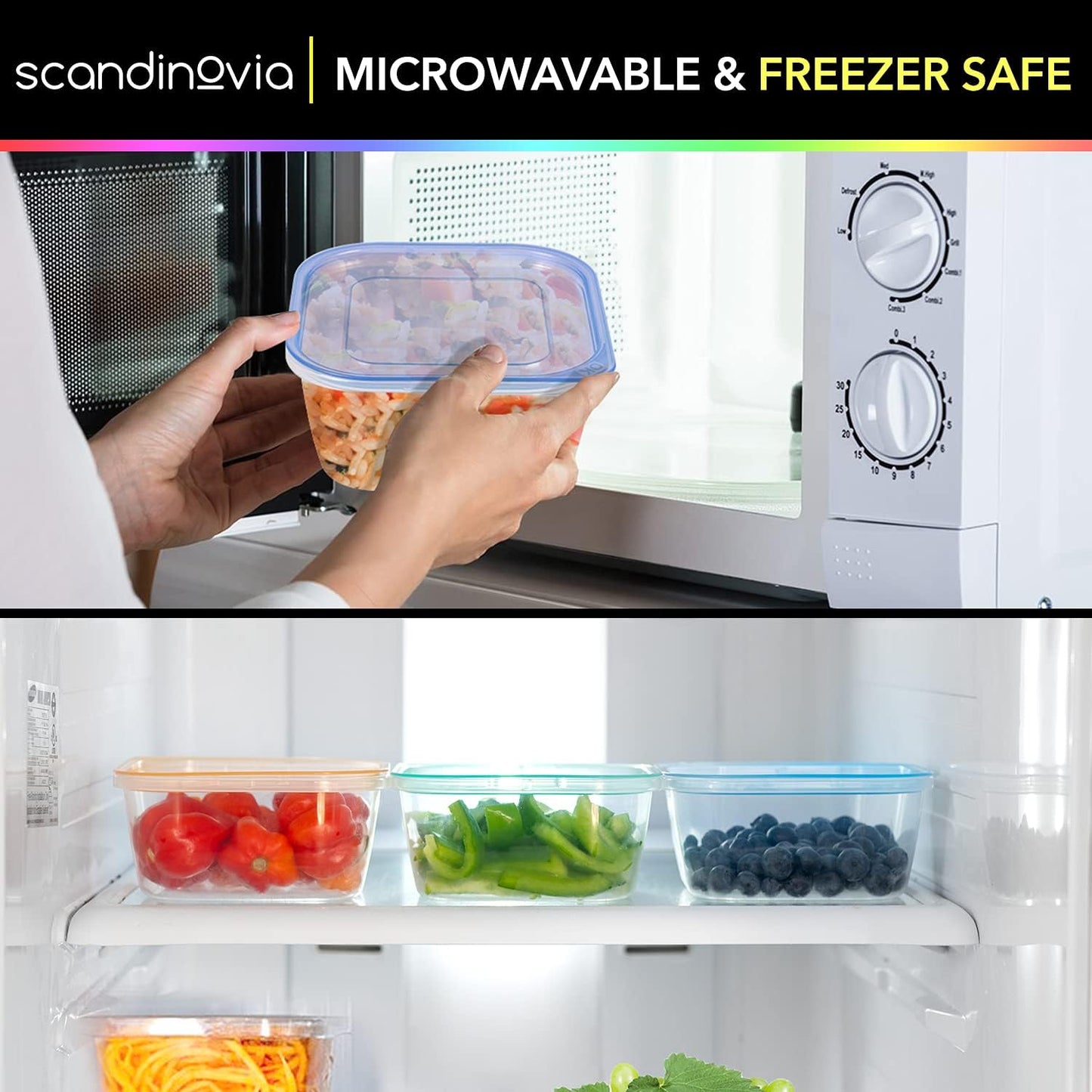 SCANDINOVIA - 25 oz Food Storage Containers with Lids - 24 sets - Dry & Hot Plastic Meal Prep - BPA Free Bento Box - Dishwasher, Microwave and Freezer Safe Stackable Clear Rectangle Bowls