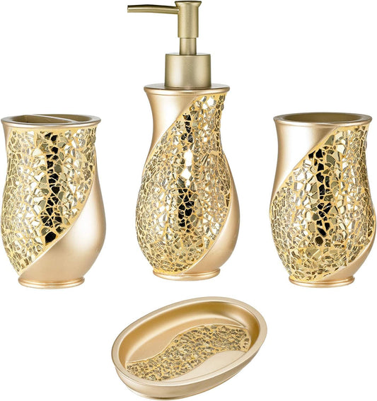 Zahari Home 4pc Sinatra Stylish Bathroom Accessories Set Champagne Gold Soap Dispenser Pump, Tumbler, Tooth Brush Holder and Soap Dish Modern Decor Bling Mosaic Glass Gold Bathroom Accessories