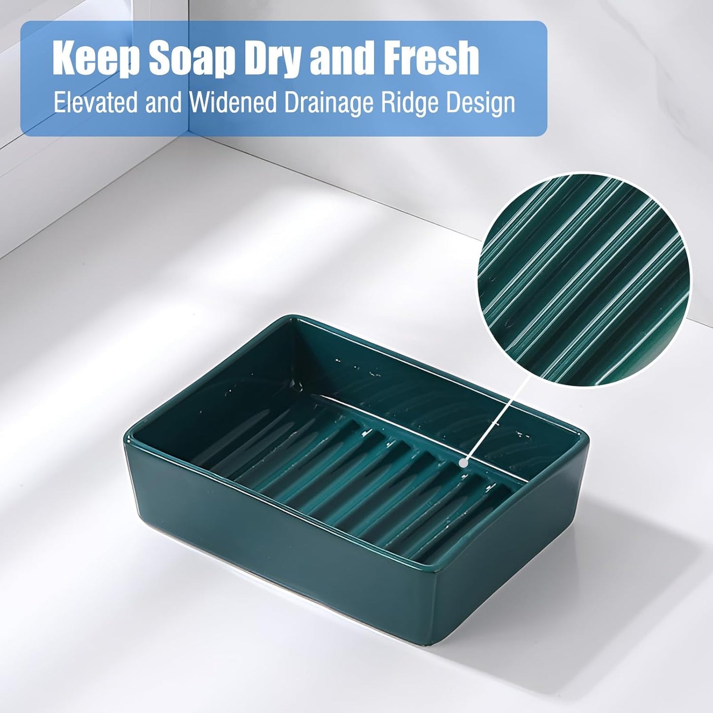 Simple Modern Ceramic Soap Dish for Bathroom Sink, Dark Green Decorative Soap Holder, Soap Bar Holder with Higher Draining Ridges for Shower, Kitchen, Easy to Clean