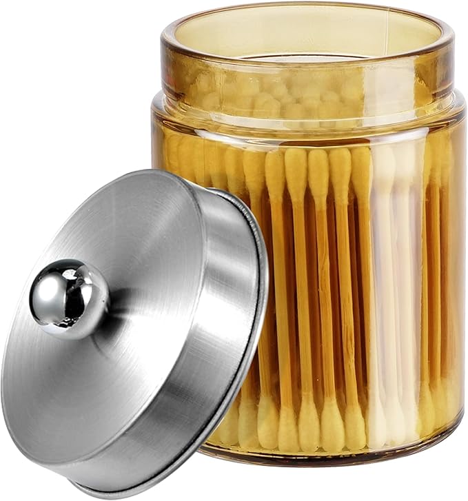 Amolliar Amber Yellow Glass Apothecary Jar with Metal Lid & Cute Labels, Qtip Holder Dispenser Canister for Cotton Balls, Cotton Swabs, Makeup Pads, Countertop Bathroom Storage,1 Pack(Brushed Nickel)