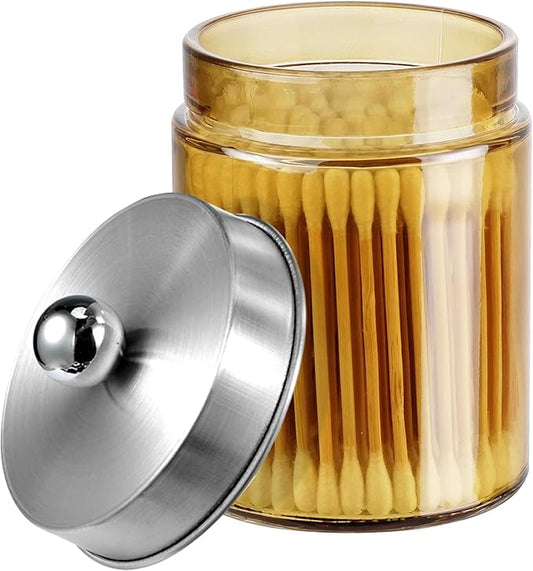 Amolliar Amber Yellow Glass Apothecary Jar with Metal Lid & Cute Labels, Qtip Holder Dispenser Canister for Cotton Balls, Cotton Swabs, Makeup Pads, Countertop Bathroom Storage,1 Pack(Brushed Nickel)