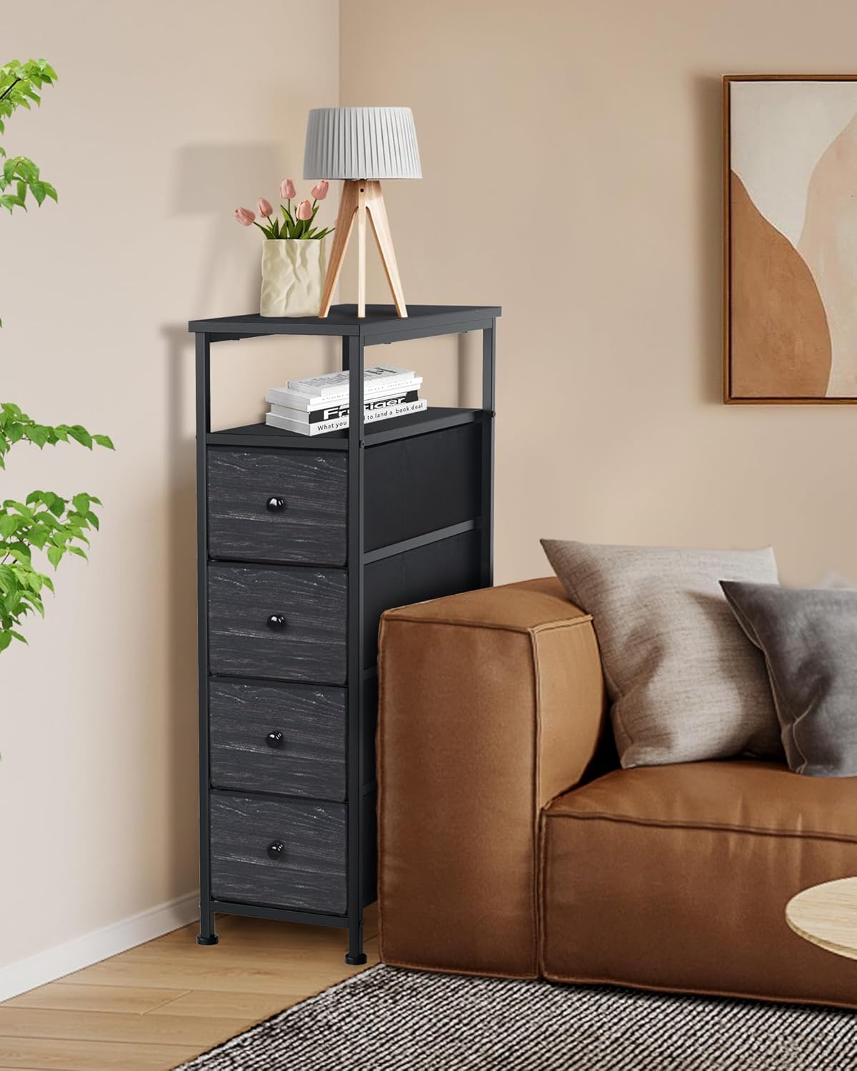 Narrow Dresser for Bedroom, Fabric Tall Dresser & Chests of Drawers with 4 Drawers, Vertical Organizer Storage Tower Unit for Bedroom, Hallway, Entryway Black Wood Grain