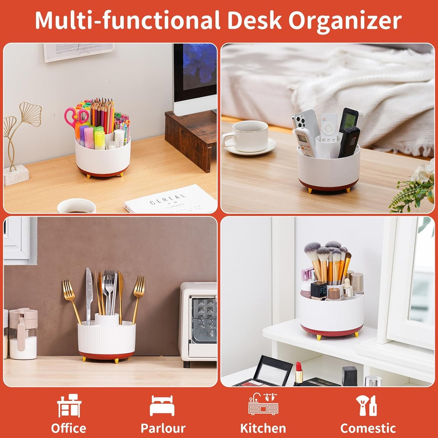 Marbrasse Desk Organizer, 360-Degree Rotating Pen Holder, Desk Organizers and Accessories with 5 Compartments Pencil Holder, Art Supply Storage Box Caddy for Office, Home (White+Red)