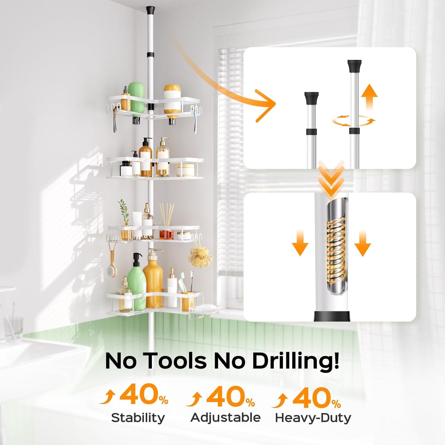 HAMITOR Corner Shower Caddy White: 4-Tier Rustproof Bathroom Bathtub Organizer Shelf with Soap Holder & Hooks - No-Drill Adjustable Standing Tension Pole Rack for Apartment Renters - 47-123 Inch
