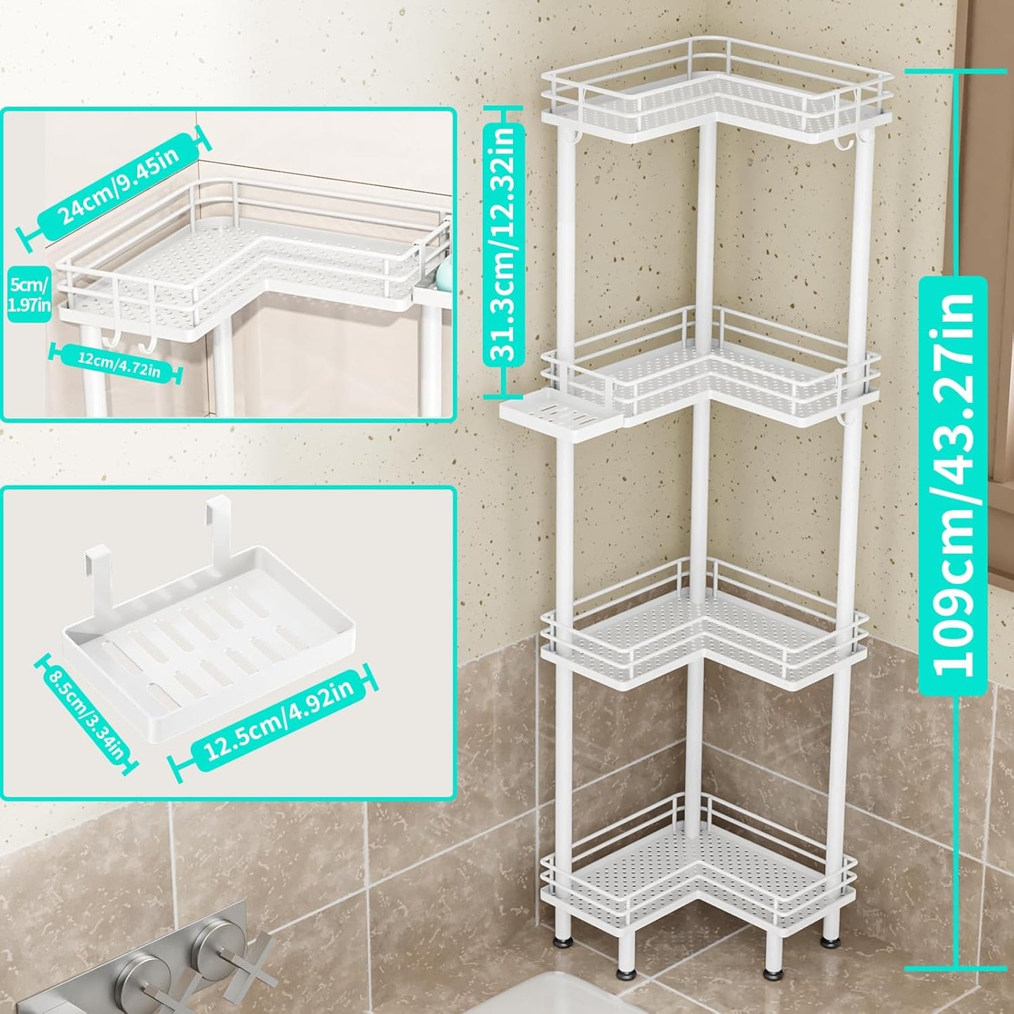 HapiRm Corner Shower Caddy Organizer - 4 Tier Shower Shelf Corner with Soap Holder, Rustproof Bathroom Standing Organizer with 4 Hooks, White
