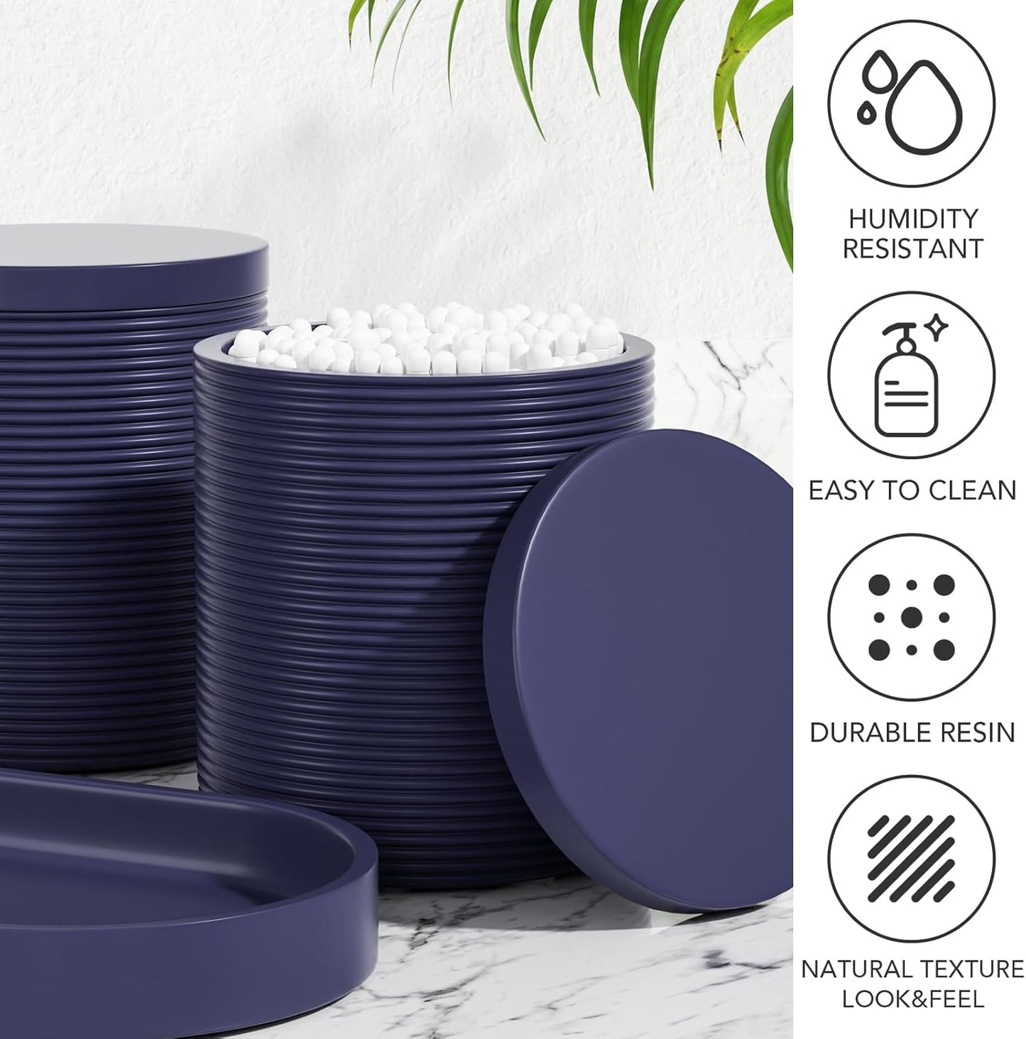 6-Piece Bathroom Accessory Set Resin, Navy Blue Bath Accessories Complete with Toothbrush Holder, Lotion Soap Dispenser, 2 Qtip Holders,Vanity Tray,Bathroom Tumbler - Countertop Vanity Organizer