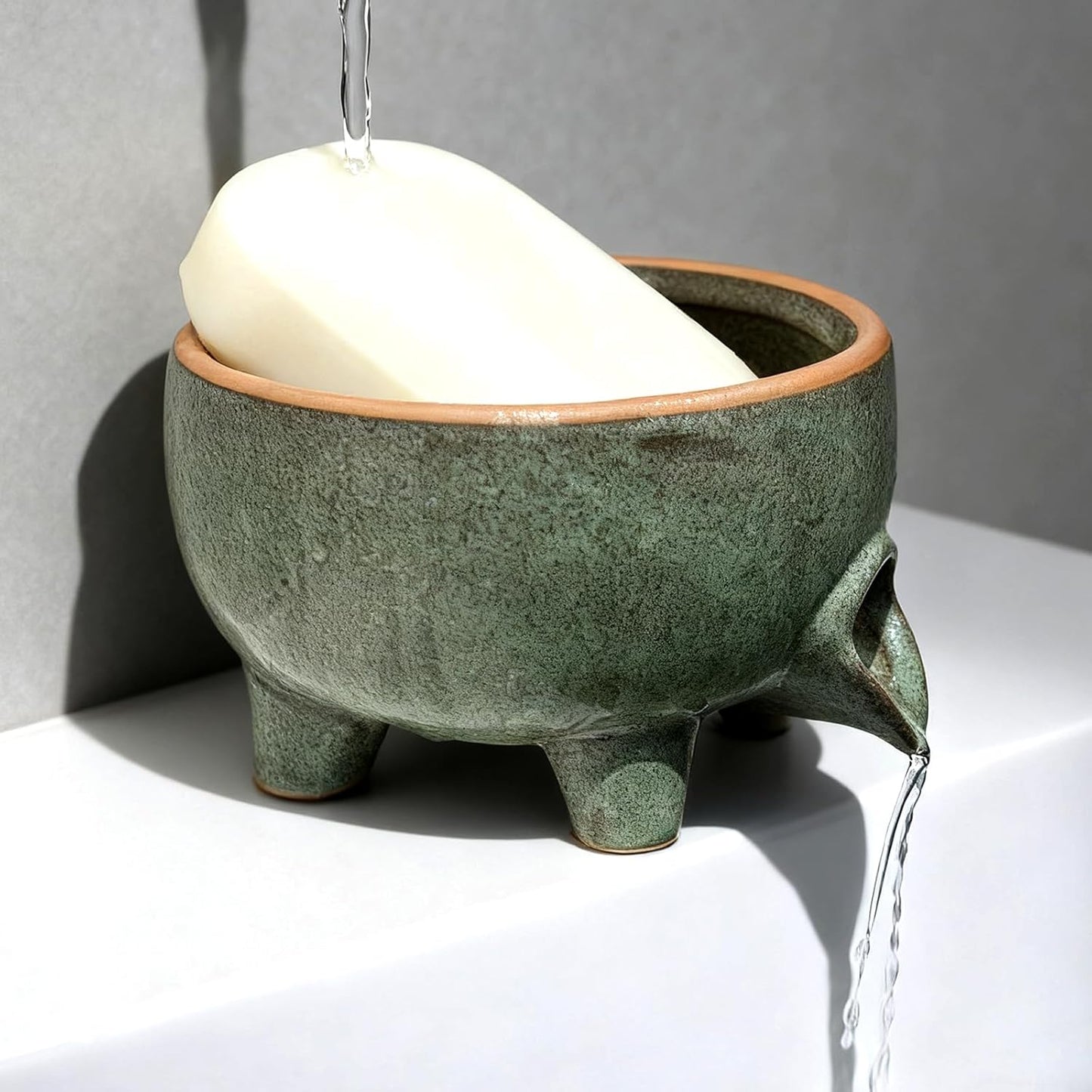 Soap Dish with Drainage，Ceramic Self Draining bar Soap Holder for Shower，Bathroom，Sink，Kitchen and Countertop，Keeps Bars Dry& Lasts Longer，Avocado Green