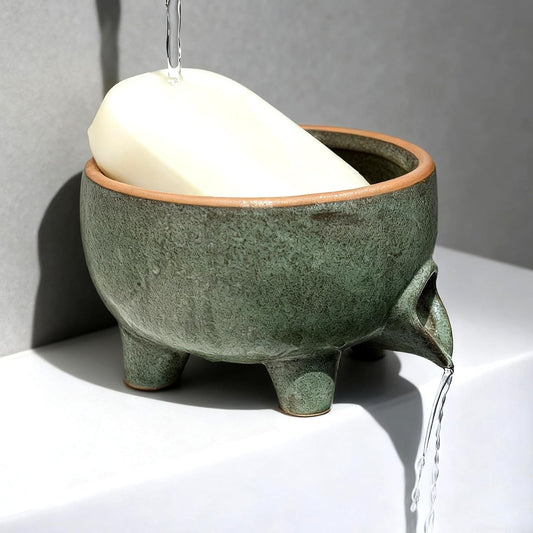 Soap Dish with Drainage，Ceramic Self Draining bar Soap Holder for Shower，Bathroom，Sink，Kitchen and Countertop，Keeps Bars Dry& Lasts Longer，Avocado Green