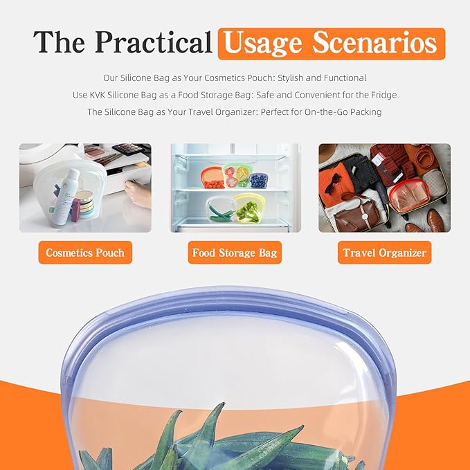 Platinum Silicone Reusable food storage Bags Multipack - 8 Pcs clear freezer storage containers, Double Lock Seal Leakproof reusable snack bags- Oven Dishwasher Freezer Safe - Mix Color