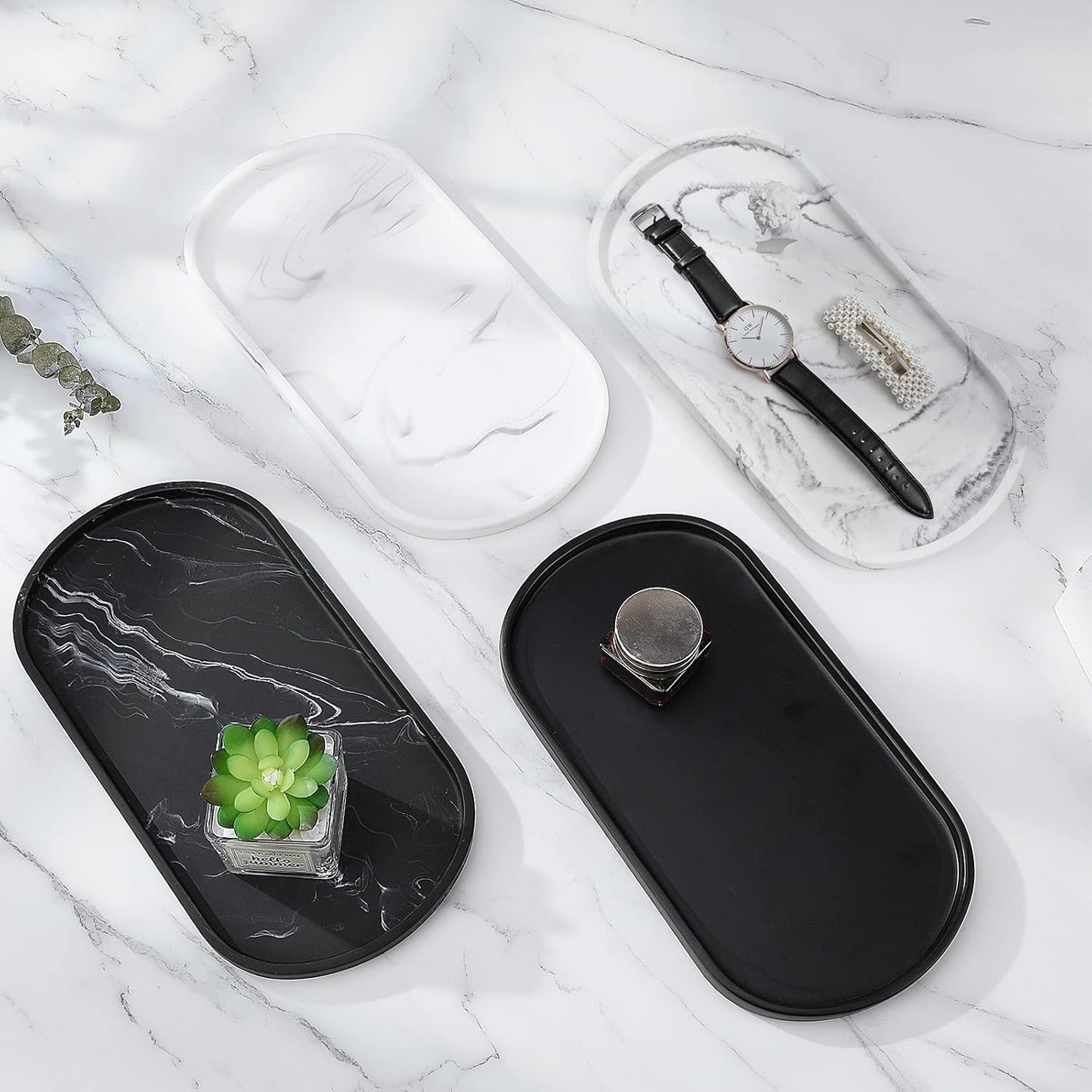 Luxspire Bathroom Vanity Tray, Handmade Resin Kitchen Sink Tray, Oval Toilet Tank Tray, Bathroom Countertop Organizer Tray for Jewelry/Perfume/Soap Dispenser/Hand Towel - 11.4 Inch, White Marble