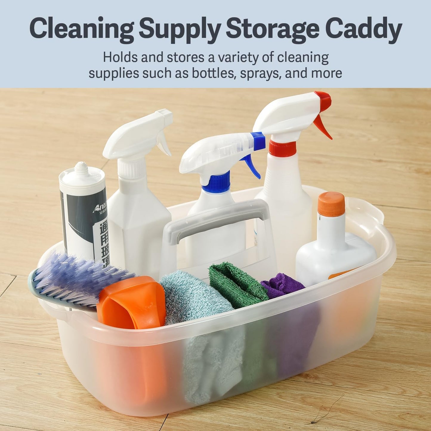 Haundry Large Cleaning Caddy with Handle, Cleaning Tool Storage Basket Organizer, Sturdy Pail Bucket Organizer, Household Bucket for Cleaning Supplies - Clear