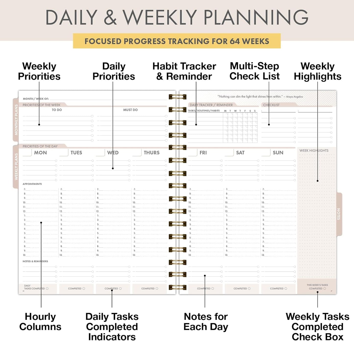ESSENTIAL PRO Undated Daily, Weekly & Monthly Planner,Monthly Tabs,Daily Tracking,Notes Pages,Storage Pocket,Bookmark w Sticky Notes (Black)