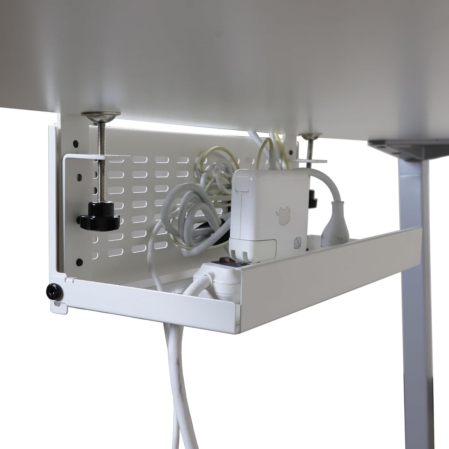 AEONS Universal Under Desk Cable Management Tray-Clamp Mount Hinged Swing Modesty Panel Organizer for Office Desks Easy Access Flip-Down position Power Strip Cord Storage No-Drill 25 lb Capacity White