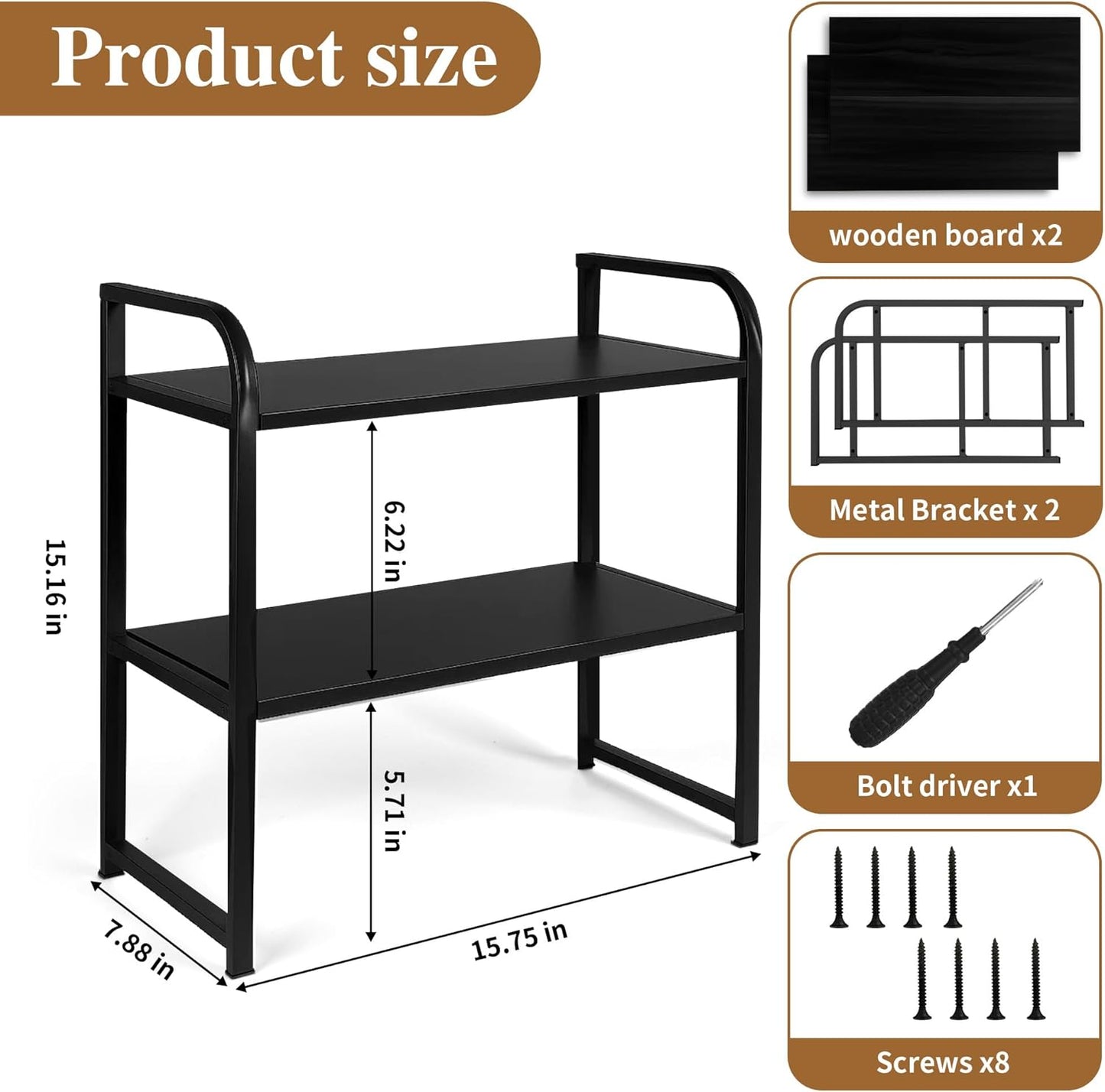Desktop Shelf Organizer, 2-Tier Office Desk Shelf for Top of Desk, Wood & Metal Bookshelf Supplies Storage Rack (Black)