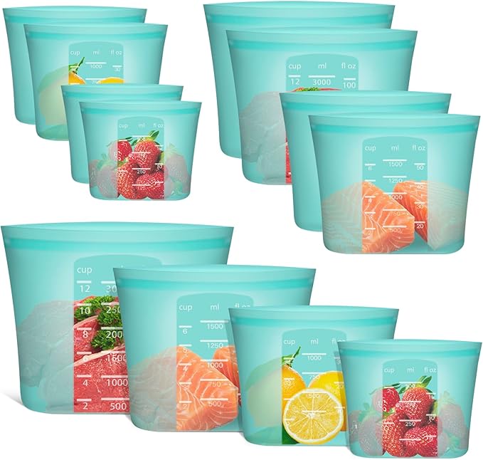 Reusable Storage Bag, 8 Pack 100% Silicone Food Storage Bags Stand Up Zip Lock Bags for Food Container, Freezer Microwave Oven Dishwasher Safe, 2 X-Large(0.8 Gallon) 2 Medium 2 Small 2 X-Small, Aqua