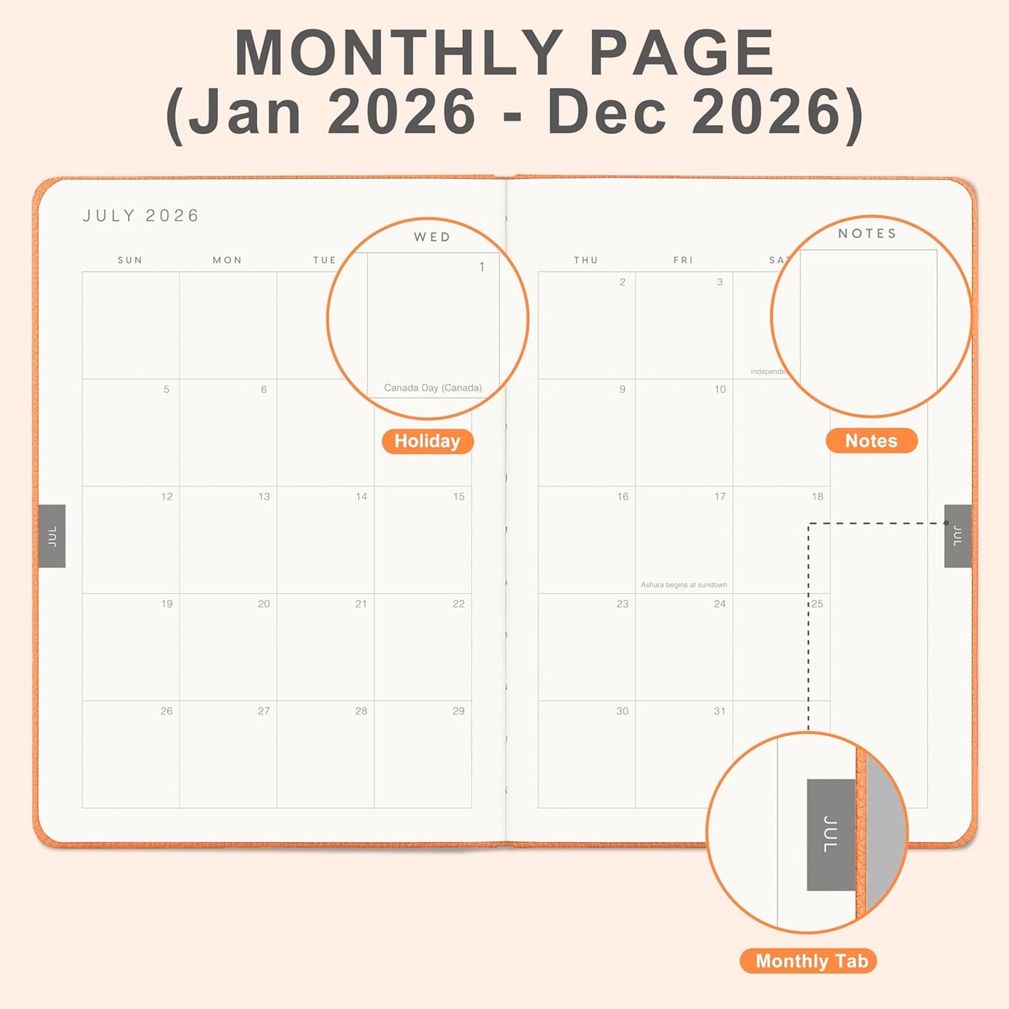 And Per Se 2026 Planner-Daily, Weekly & Monthly Leather Hardcover Planner, 5.7" x 8", Daily Schedule, Monthly Tabs, 100 GSM Thick Paper, Back Pocket(Pumpkin Orange)